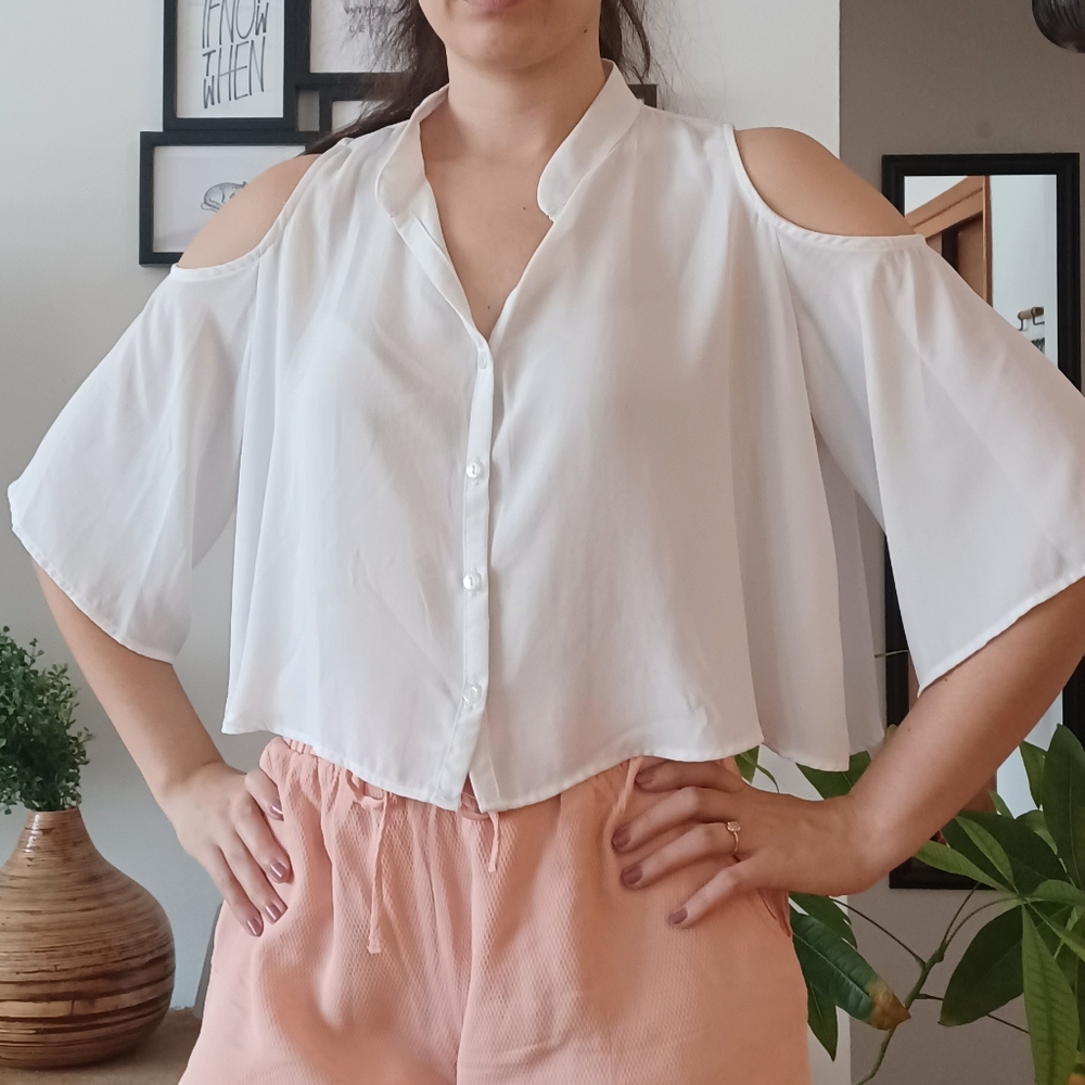 ⚡️SALE⚡️White Sheer Cold Shoulder Blouse with Mandarin Collar